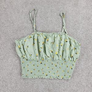 Jolie & Joy Womens Lemon Crop Top 3X Green Smocked Spaghetti Strap Ruffle Trim